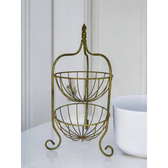 Vintage Two-Tier Wrought Iron Wire Basket Stand Decorative Storage - Picture 3 of 9